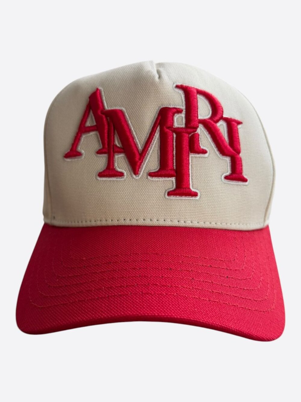 Amiri White & Red Staggered Logo Trucker Hat